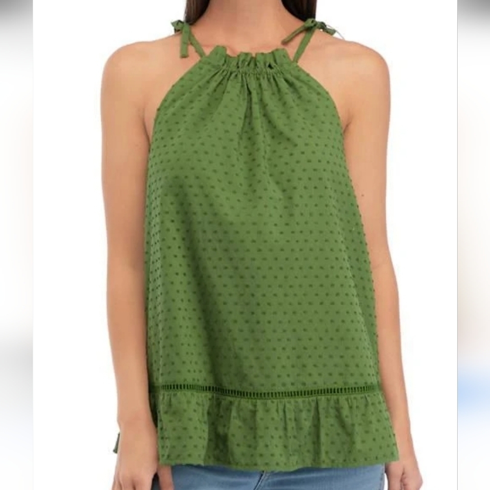 Crown & Ivy green high neck tie strap frilly feminine cottagecore top size L